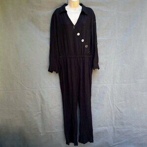Soft Surroundings 3CW86 Cannes Black Textured Gauze One-Piece Jumpsuit LP